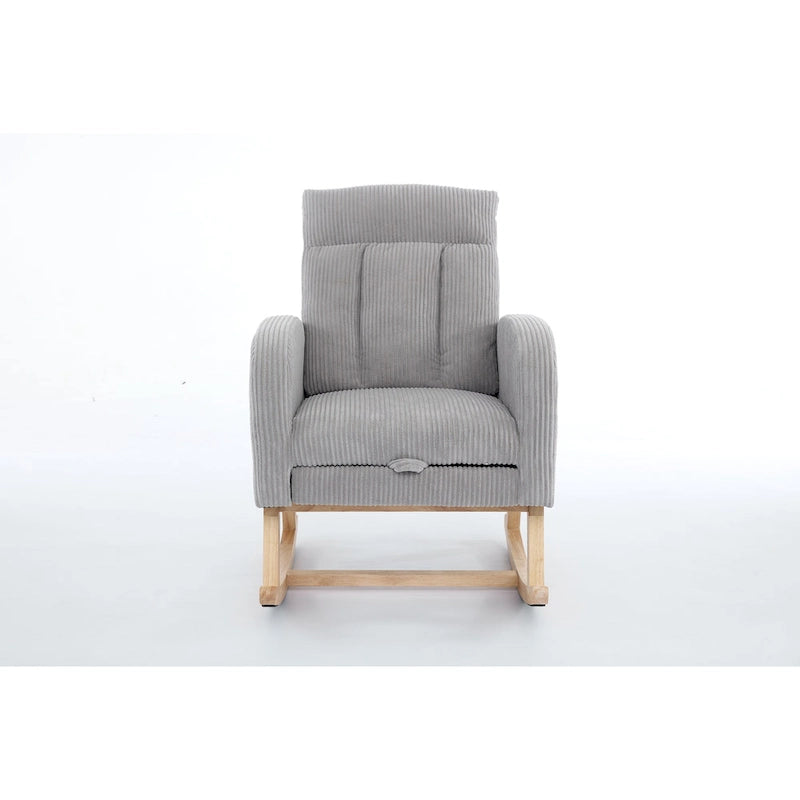 Fauteuil à bascule planeur rembourré avec repose-pieds dossier haut velours côtelé gris clair