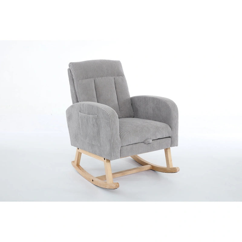 Fauteuil à bascule planeur rembourré avec repose-pieds dossier haut velours côtelé gris clair