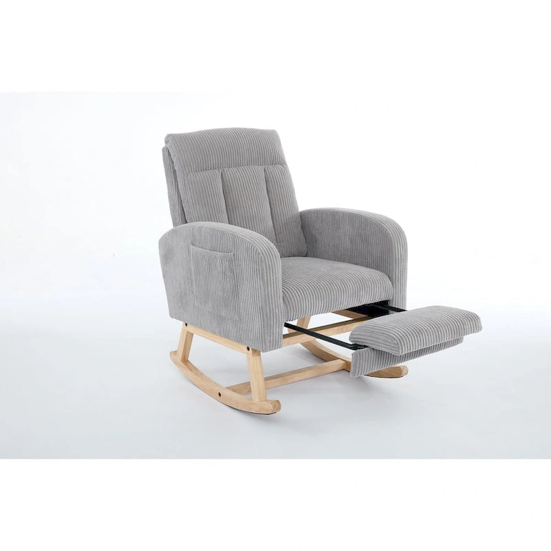 Fauteuil à bascule planeur rembourré avec repose-pieds dossier haut velours côtelé gris clair