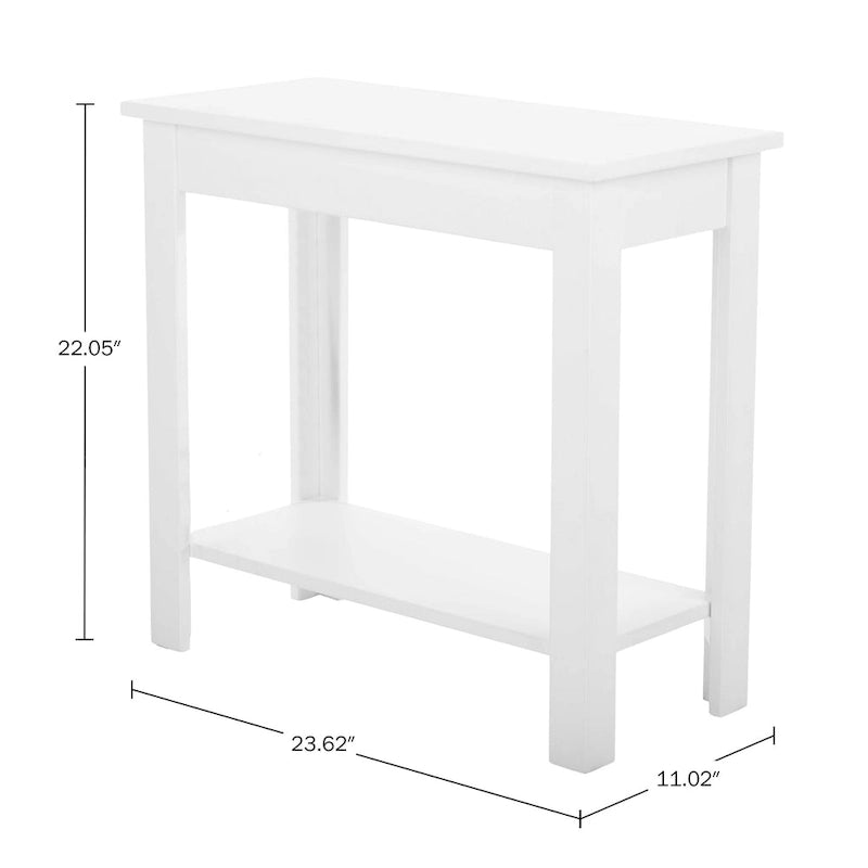 Table d'appoint étroite blanche avec station de charge et étagère de rangement ouverte