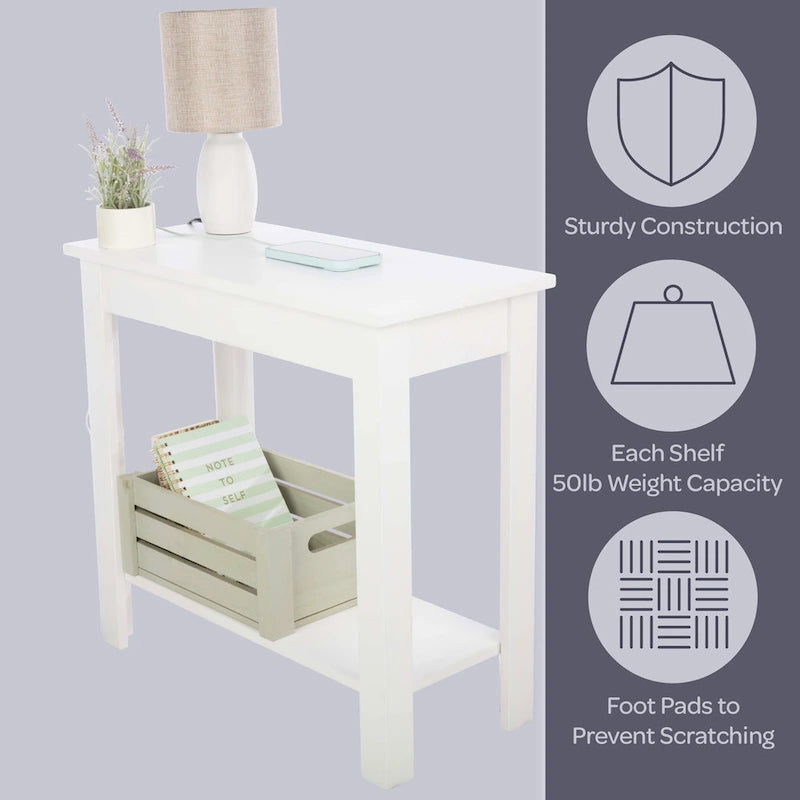 Table d'appoint étroite blanche avec station de charge et étagère de rangement ouverte