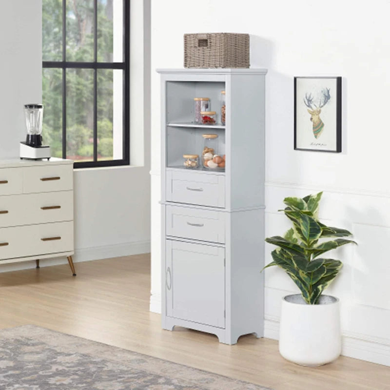 Grande armoire de rangement grise avec étagères ouvertes, tiroirs et porte