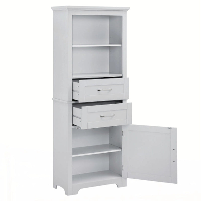 Grande armoire de rangement grise avec étagères ouvertes, tiroirs et porte