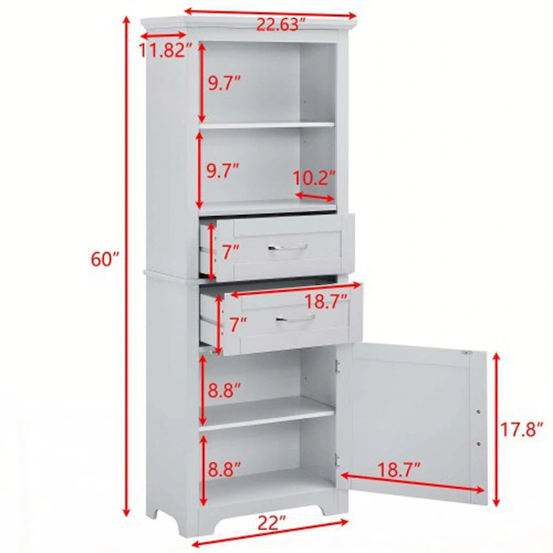 Grande armoire de rangement grise avec étagères ouvertes, tiroirs et porte