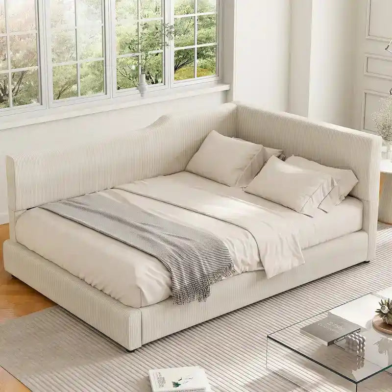 Lit de repos en velours côtelé en forme de L avec cadre solide, beige et gris