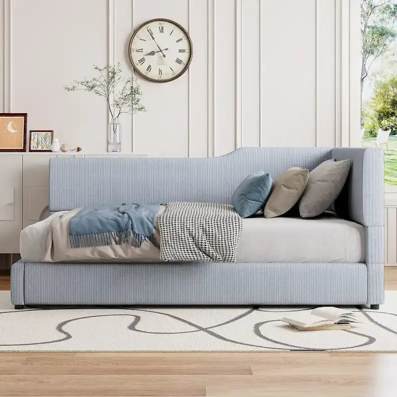 Lit de repos en velours côtelé en forme de L avec cadre solide, beige et gris