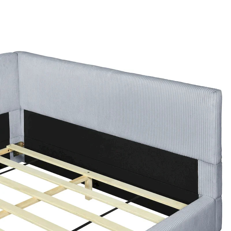 Lit de repos en velours côtelé en forme de L avec cadre solide, beige et gris