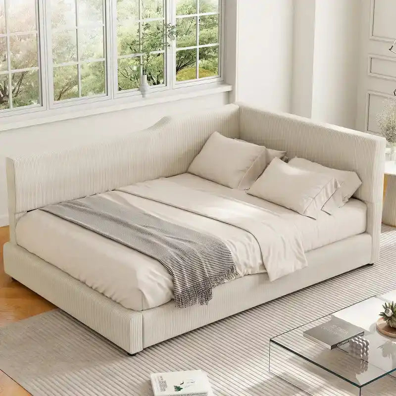 Lit de repos en velours côtelé en forme de L avec cadre solide, beige et gris