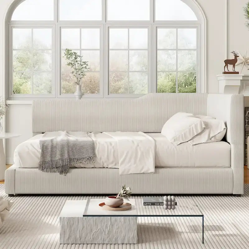 Lit de repos en velours côtelé en forme de L avec cadre solide, beige et gris