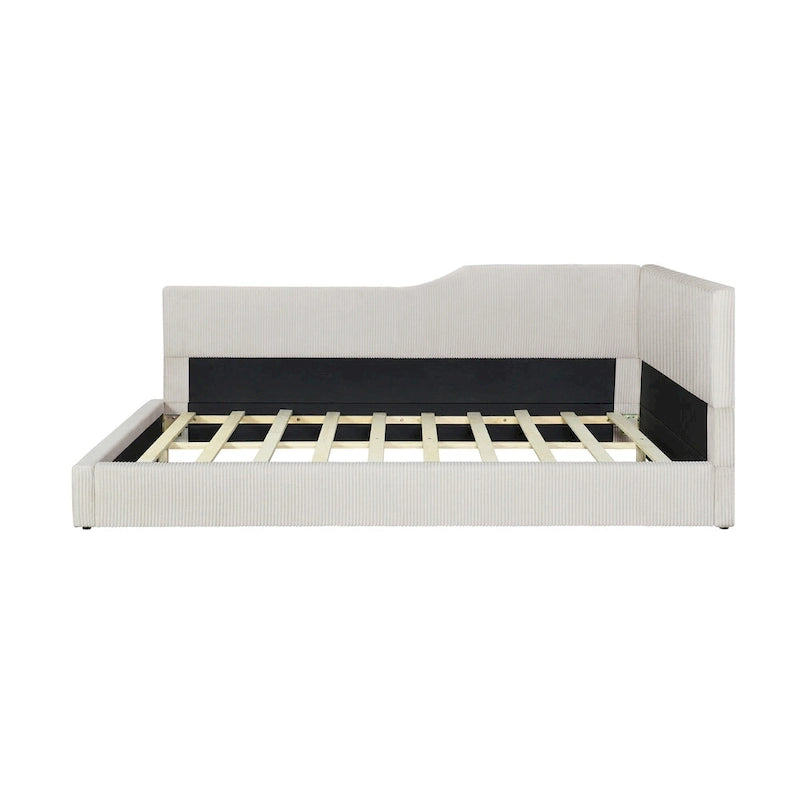 Lit de repos en velours côtelé en forme de L avec cadre solide, beige et gris