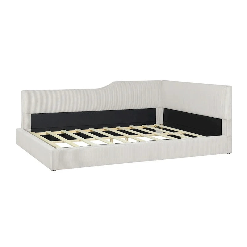 Lit de repos en velours côtelé en forme de L avec cadre solide, beige et gris