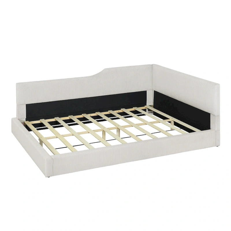 Lit de repos en velours côtelé en forme de L avec cadre solide, beige et gris