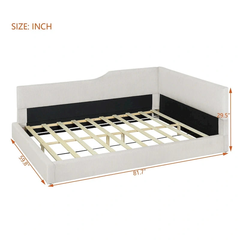 Lit de repos en velours côtelé en forme de L avec cadre solide, beige et gris