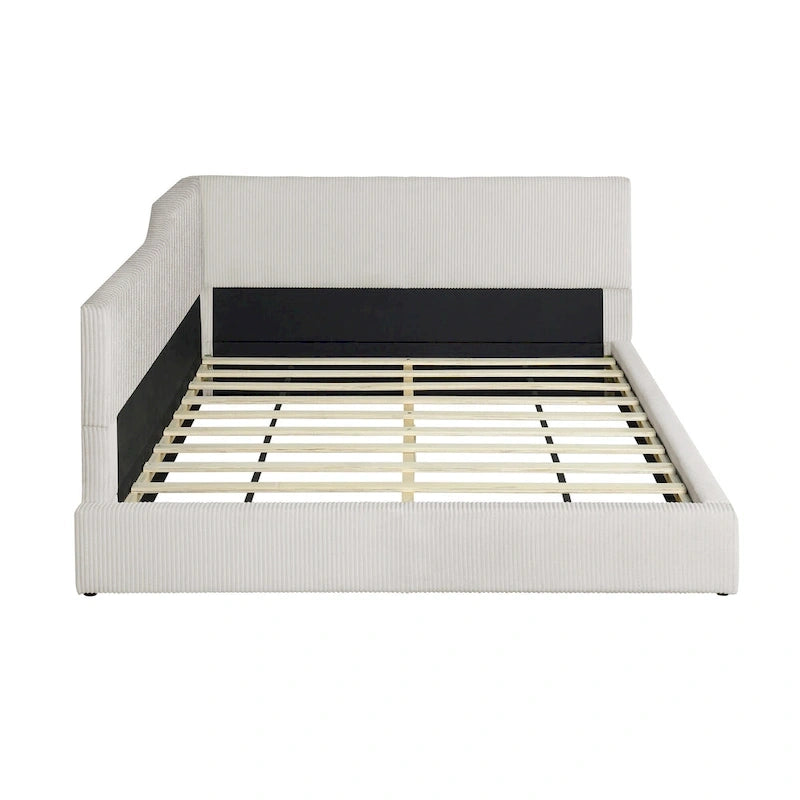 Lit de repos en velours côtelé en forme de L avec cadre solide, beige et gris