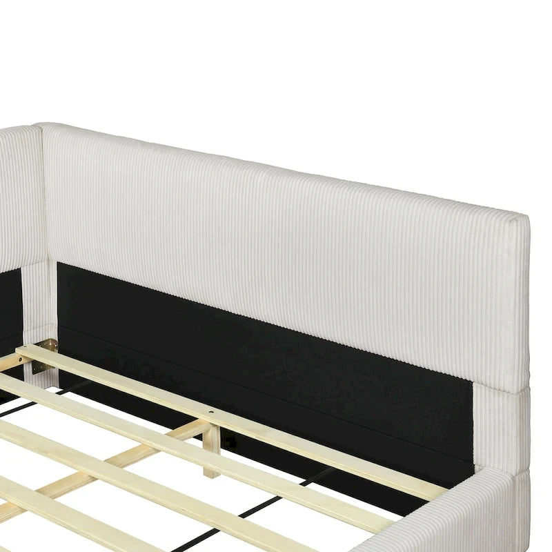 Lit de repos en velours côtelé en forme de L avec cadre solide, beige et gris