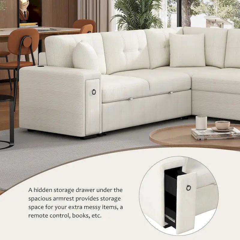 Canapé-lit d'angle avec ottomane Ports USB Porte-gobelets Tissu chenille