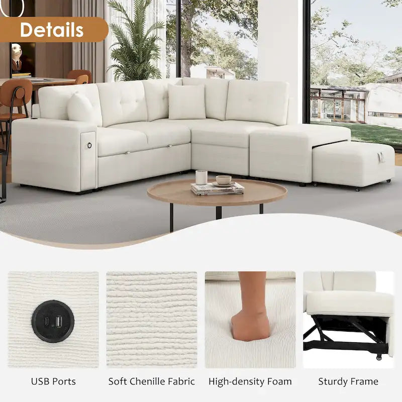 Canapé-lit d'angle avec ottomane Ports USB Porte-gobelets Tissu chenille