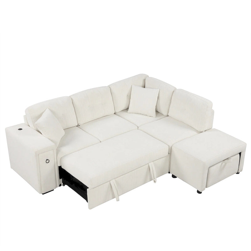 Canapé-lit d'angle avec ottomane Ports USB Porte-gobelets Tissu chenille
