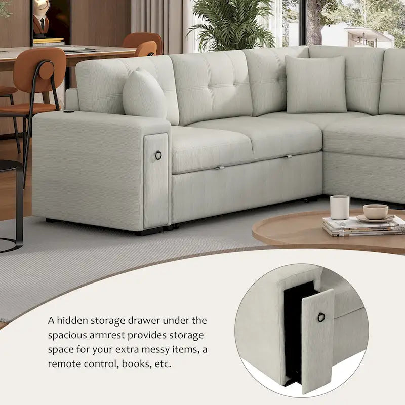 Canapé-lit d'angle avec ottomane Ports USB Porte-gobelets Tissu chenille