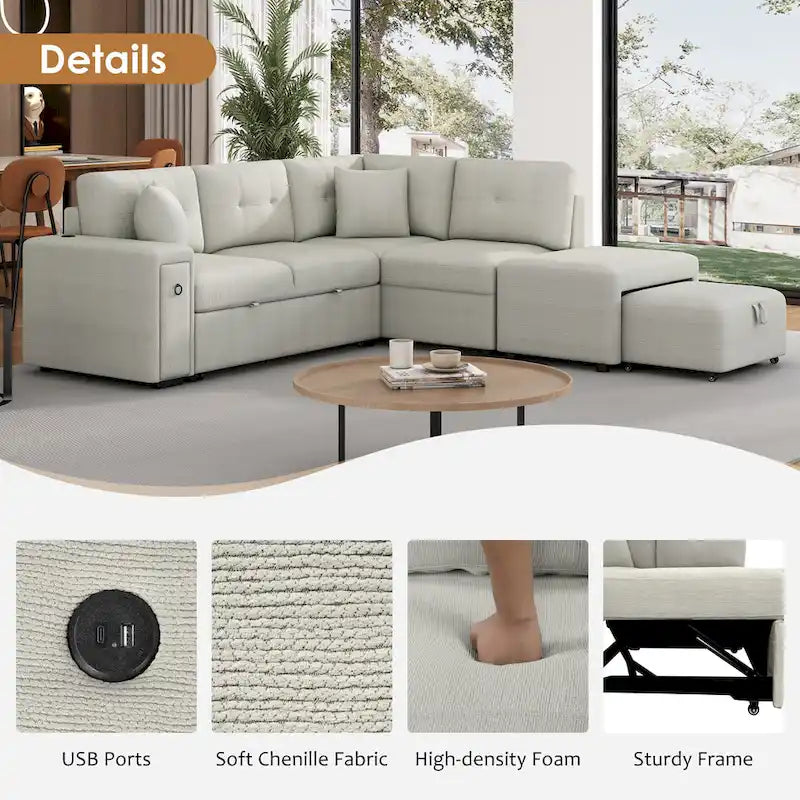 Canapé-lit d'angle avec ottomane Ports USB Porte-gobelets Tissu chenille