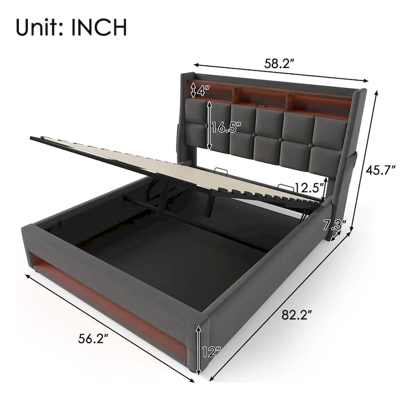 Lit plateforme gris rembourré avec éclairage LED, rangement et port USB
