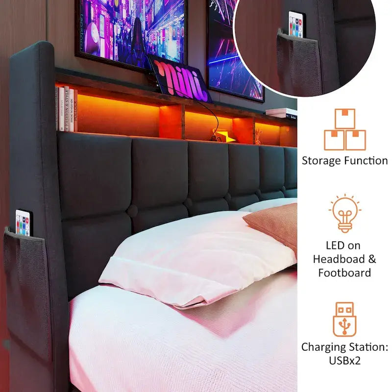 Lit plateforme gris rembourré avec éclairage LED, rangement et port USB