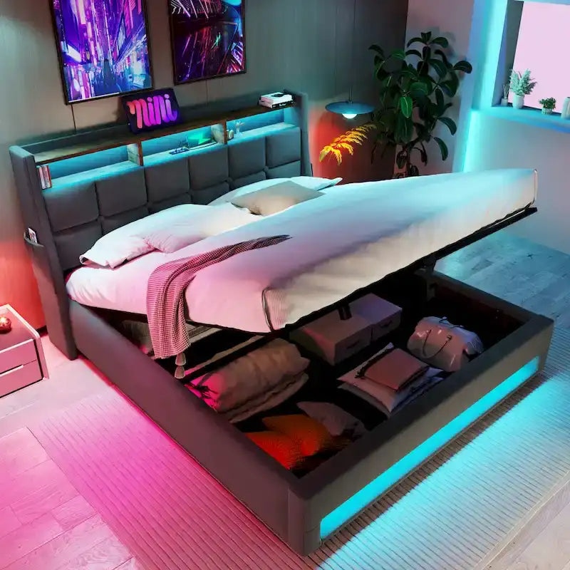 Lit plateforme gris rembourré avec éclairage LED, rangement et port USB