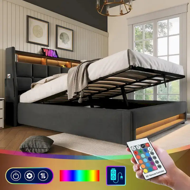 Lit plateforme gris rembourré avec éclairage LED, rangement et port USB