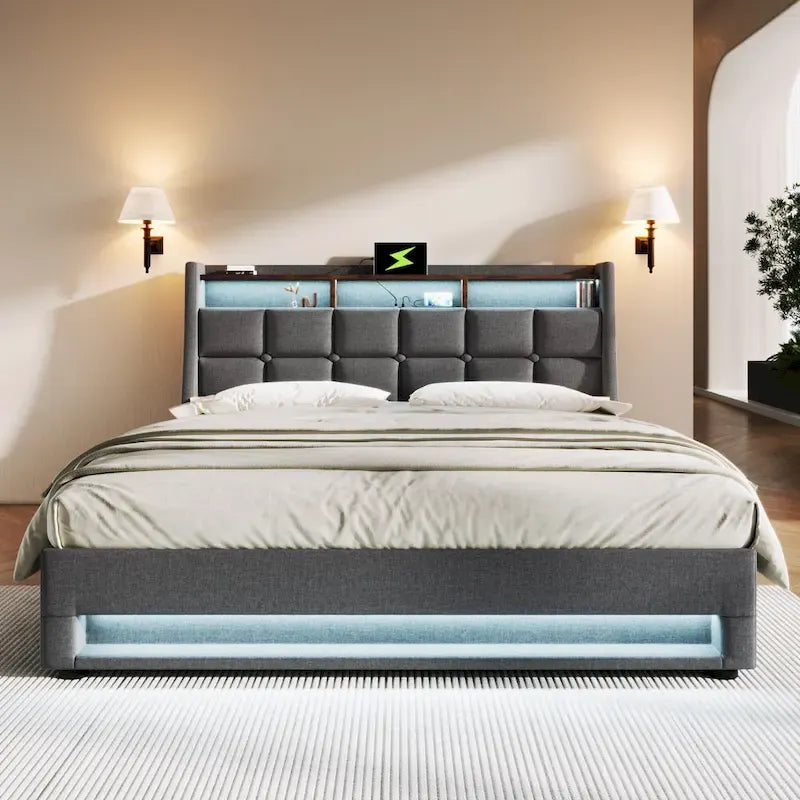 Lit plateforme gris rembourré avec éclairage LED, rangement et port USB