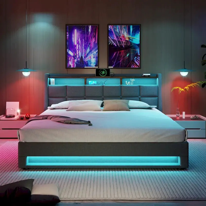 Lit plateforme gris rembourré avec éclairage LED, rangement et port USB