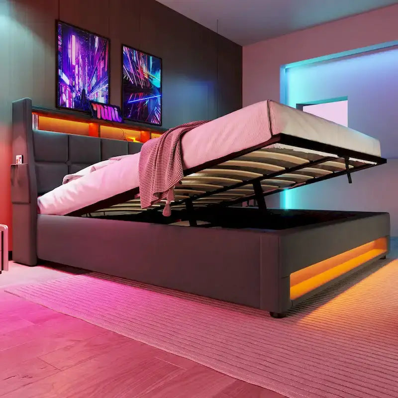 Lit plateforme gris rembourré avec éclairage LED, rangement et port USB