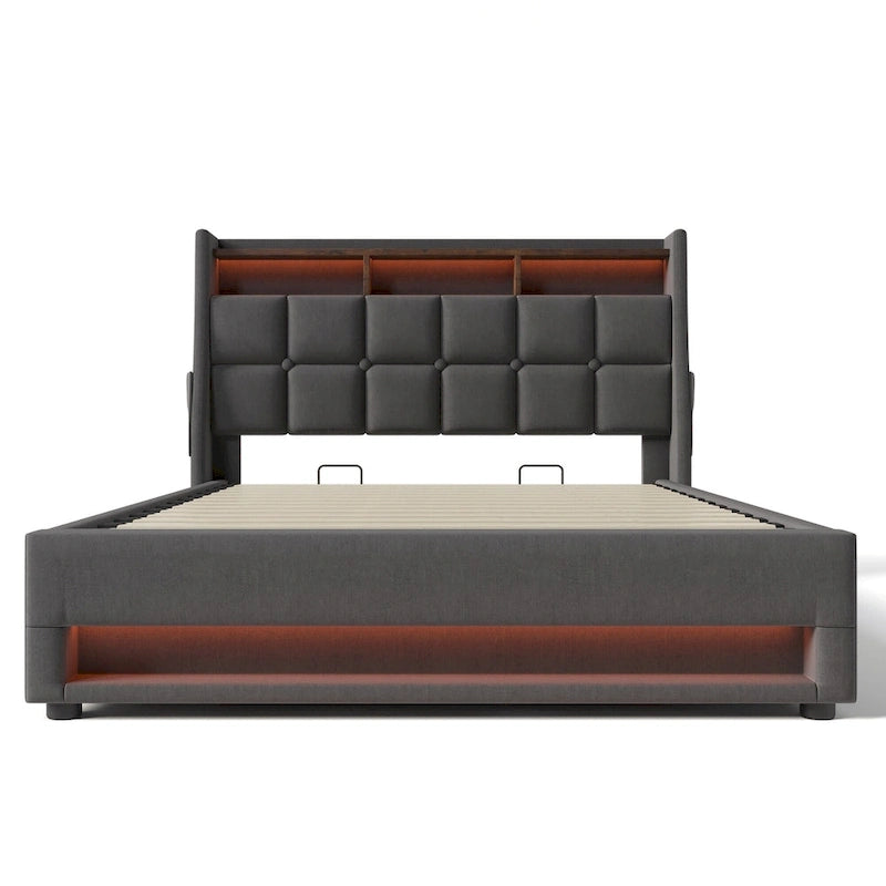 Lit plateforme gris rembourré avec éclairage LED, rangement et port USB