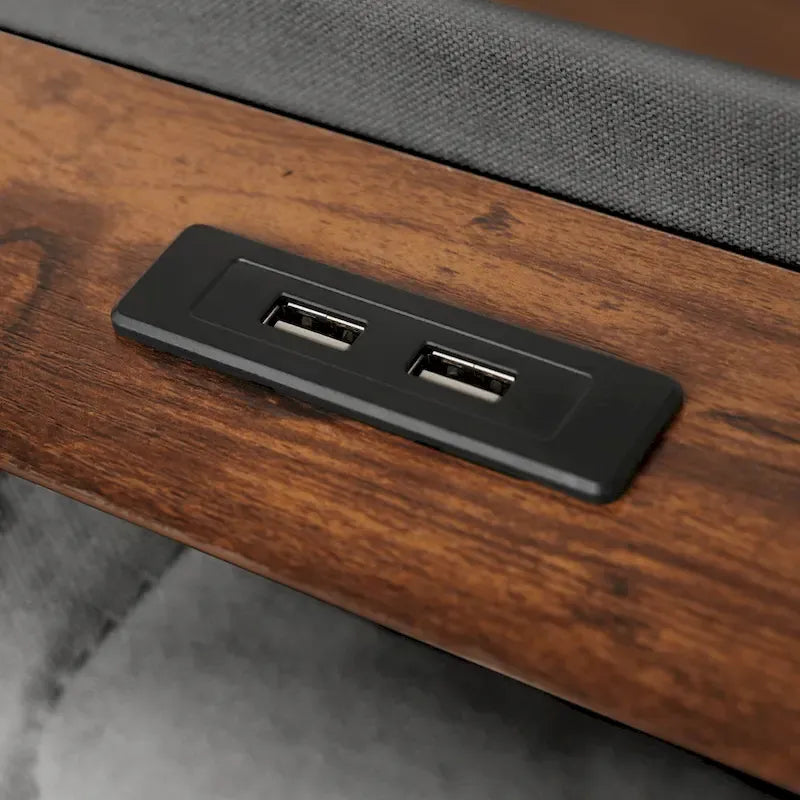 Lit plateforme gris rembourré avec éclairage LED, rangement et port USB