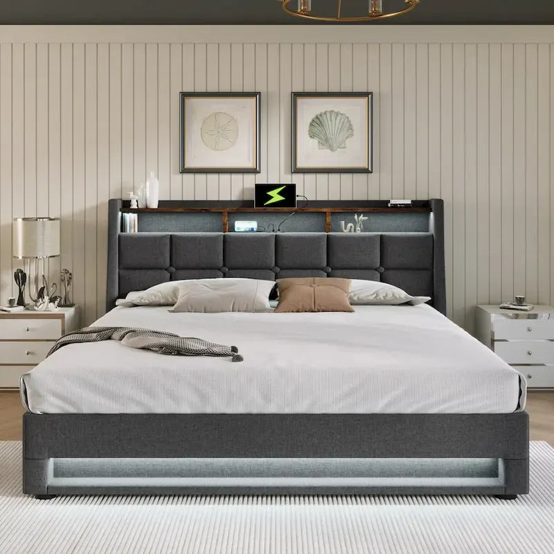 Lit plateforme gris rembourré avec éclairage LED, rangement et port USB