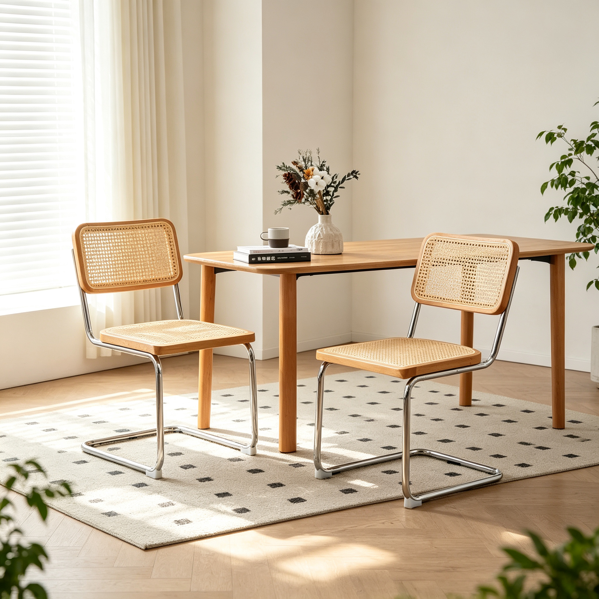 Chaise de salle à manger en rotin de style Mid-Century Modern avec piètement cantilever chromé, beige naturel