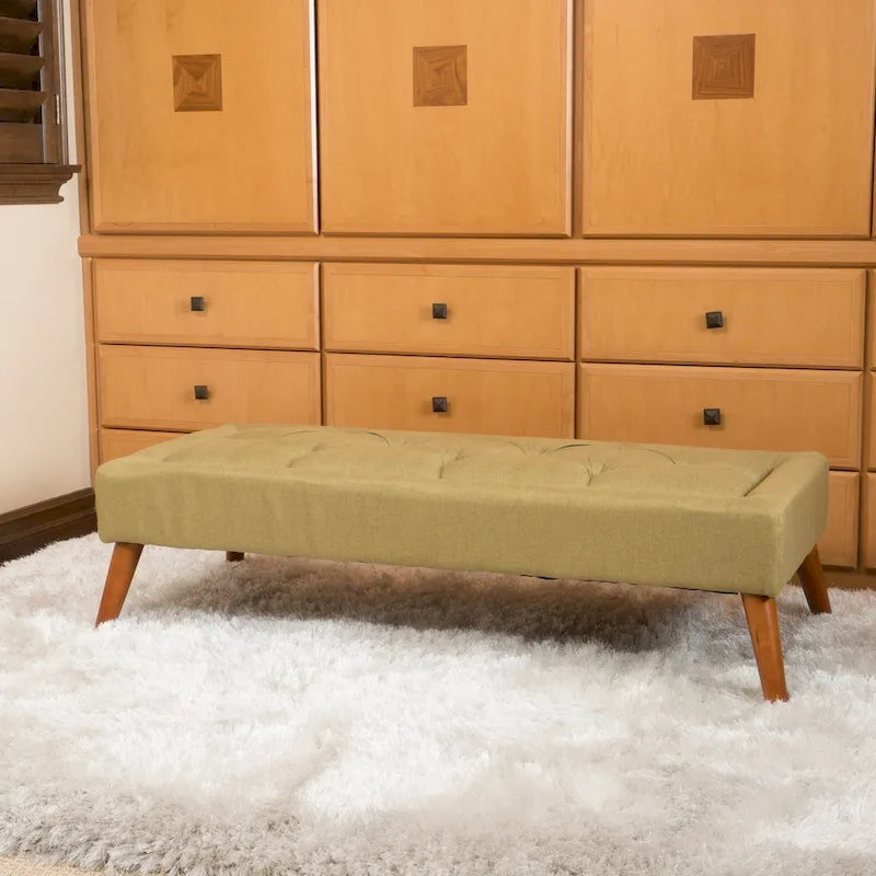 Banc ottoman en tissu capitonné avec pieds fuselés en bois multicolore