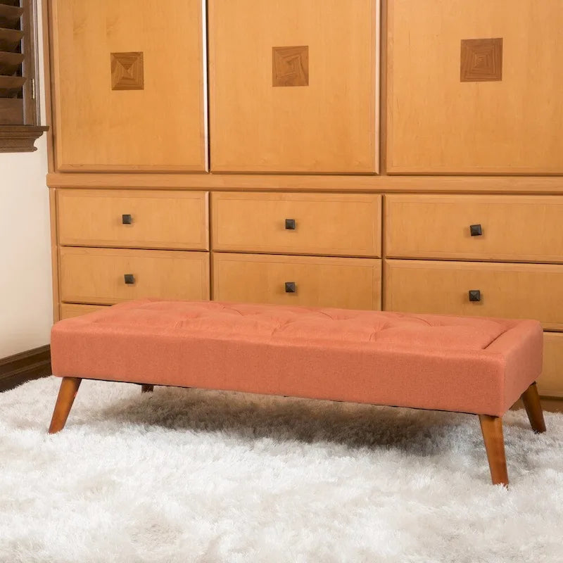 Banc ottoman en tissu capitonné avec pieds fuselés en bois multicolore