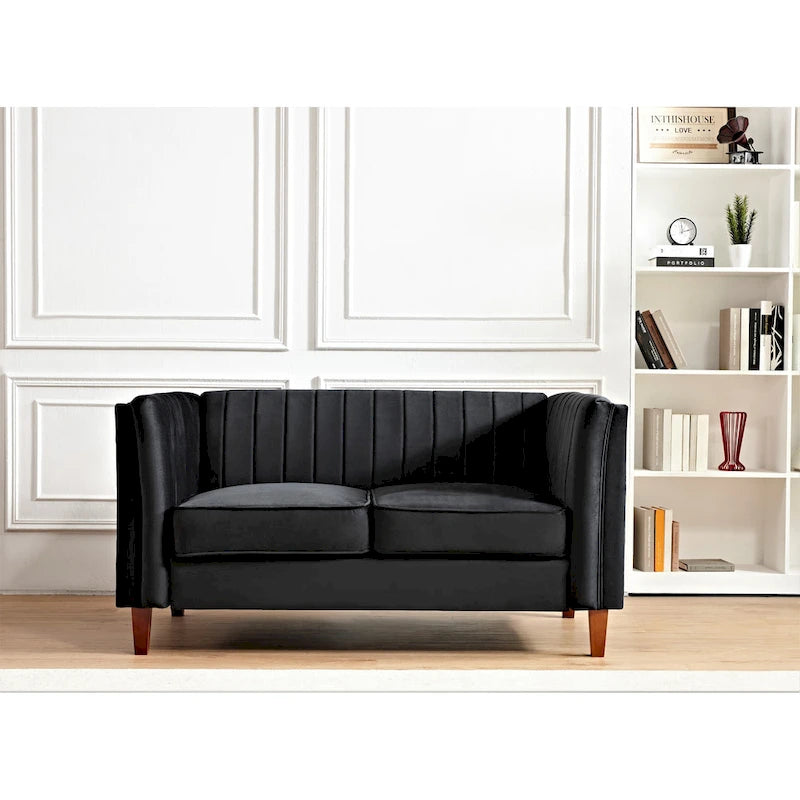 Canapé Loveseat en Velours Capitonnage Vertical avec Pieds en Bois Multicolore