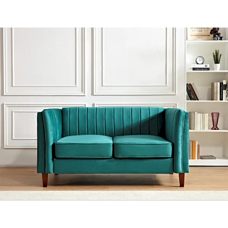 Canapé Loveseat en Velours Capitonnage Vertical avec Pieds en Bois Multicolore