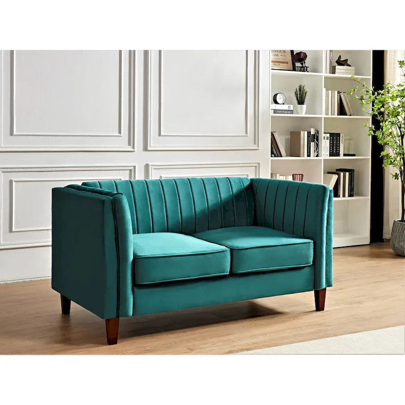 Canapé Loveseat en Velours Capitonnage Vertical avec Pieds en Bois Multicolore