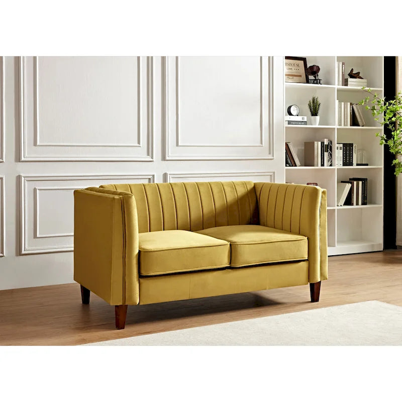 Canapé Loveseat en Velours Capitonnage Vertical avec Pieds en Bois Multicolore