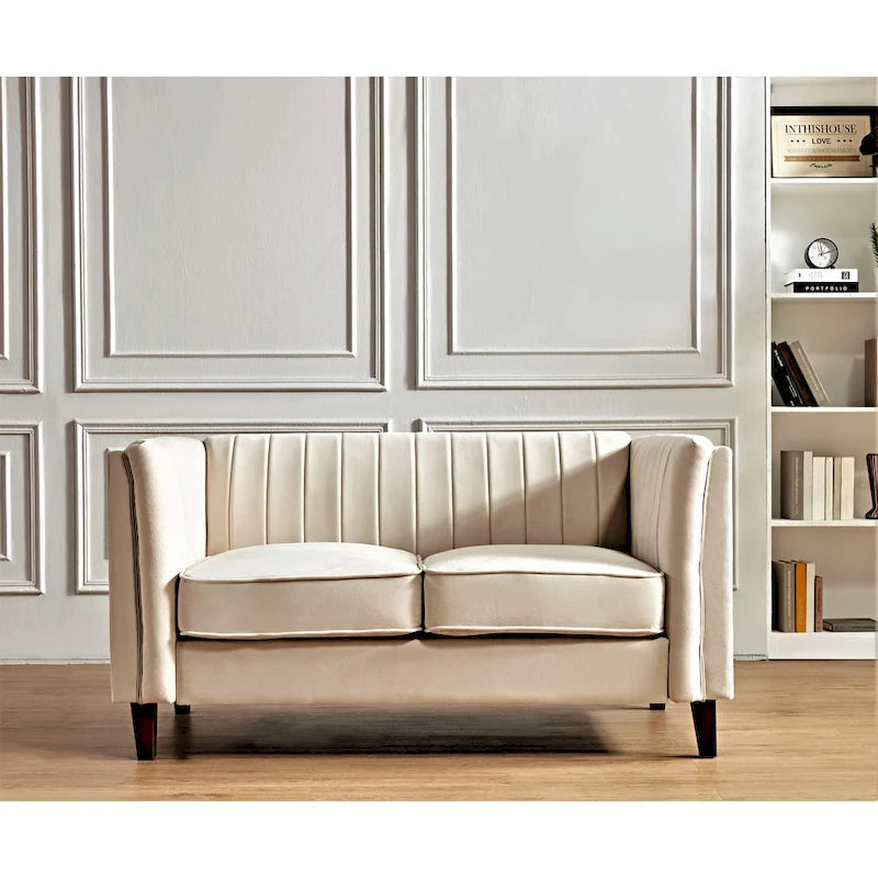 Canapé Loveseat en Velours Capitonnage Vertical avec Pieds en Bois Multicolore