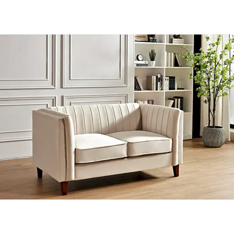Canapé Loveseat en Velours Capitonnage Vertical avec Pieds en Bois Multicolore