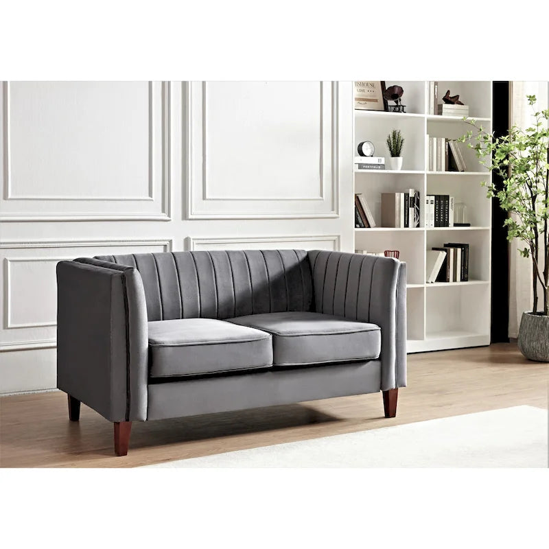 Canapé Loveseat en Velours Capitonnage Vertical avec Pieds en Bois Multicolore