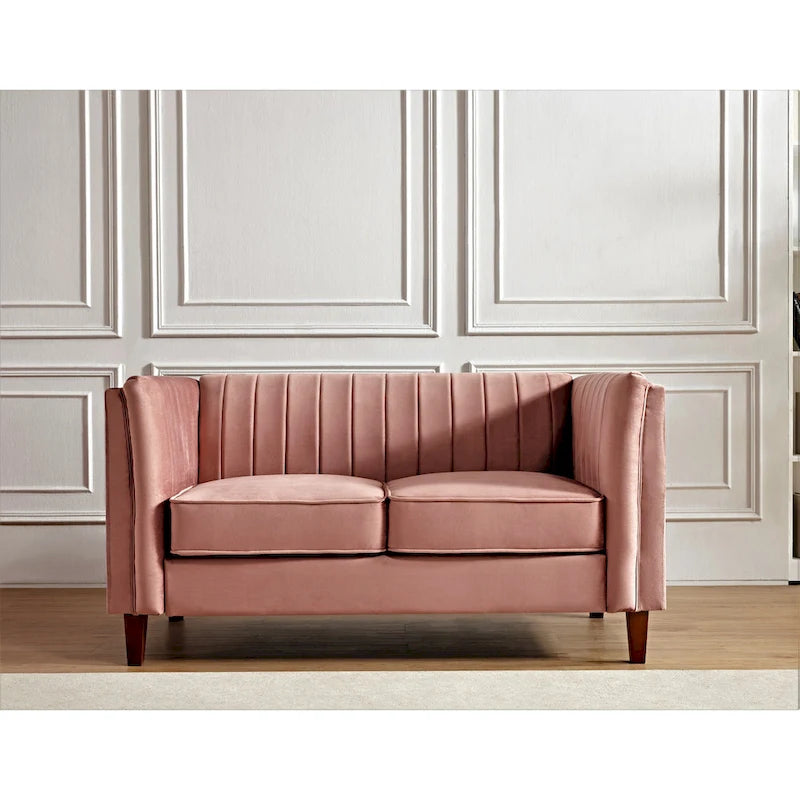 Canapé Loveseat en Velours Capitonnage Vertical avec Pieds en Bois Multicolore