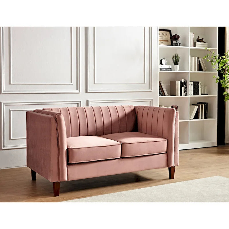 Canapé Loveseat en Velours Capitonnage Vertical avec Pieds en Bois Multicolore