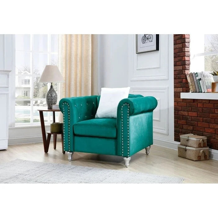 Fauteuil d'appoint en velours capitonné avec clous décoratifs en cristal et accoudoirs roulés