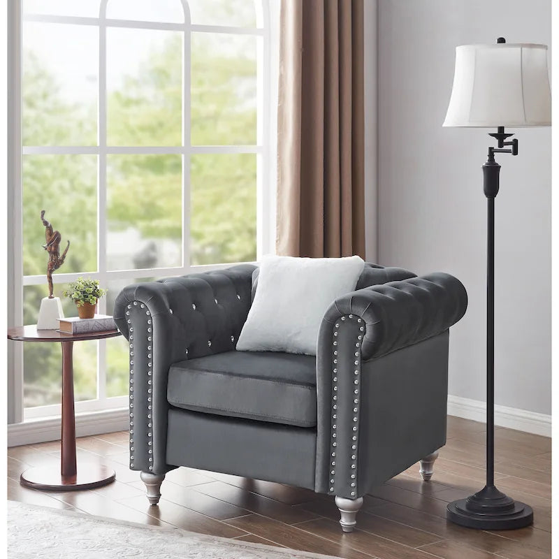 Fauteuil d'appoint en velours capitonné avec clous décoratifs en cristal et accoudoirs roulés