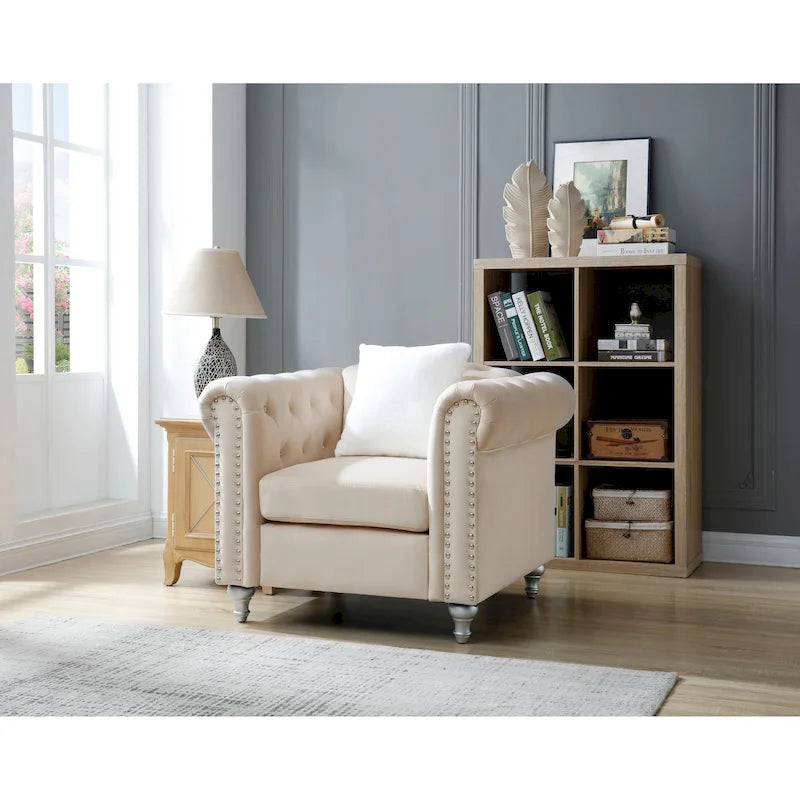 Fauteuil d'appoint en velours capitonné avec clous décoratifs en cristal et accoudoirs roulés