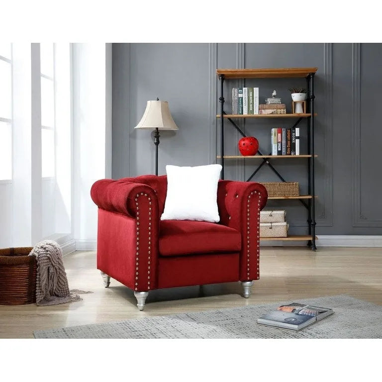 Fauteuil d'appoint en velours capitonné avec clous décoratifs en cristal et accoudoirs roulés